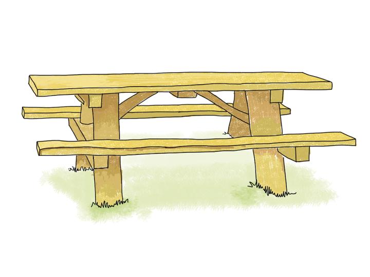 schets van een houten picknicktafel
